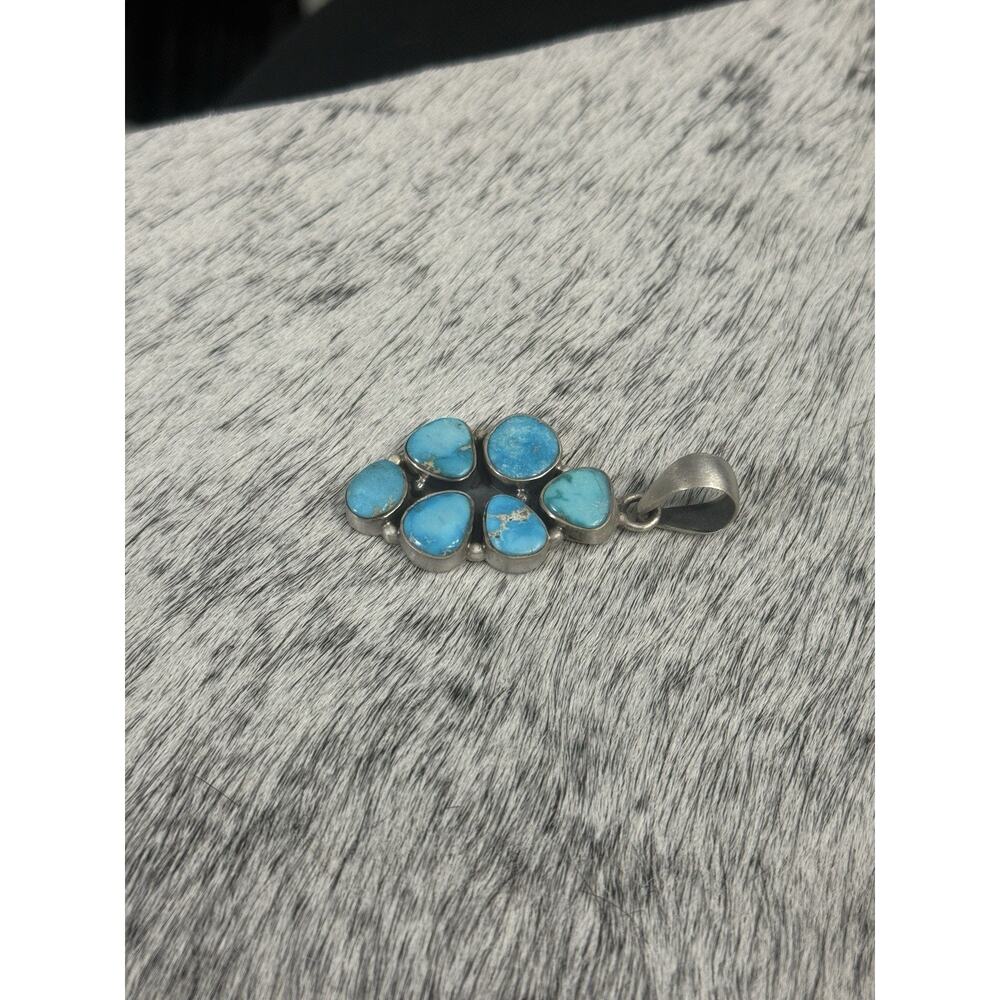 Sterling Silver 2” Blue Ridge Turquoise Multistone Cluster Pendant 6 Stone 925 - Picture 9 of 10